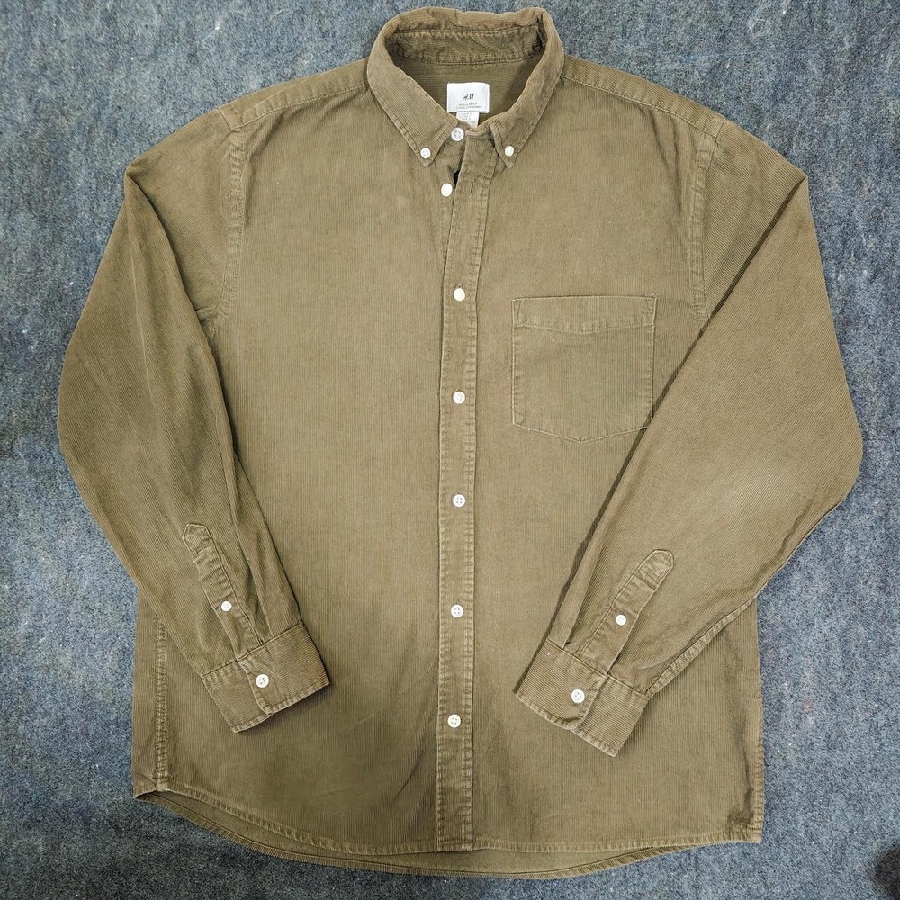 HM Mens Khaki Green Corduroy Button Up Shirt Regular Fit Size L Long Sleeve